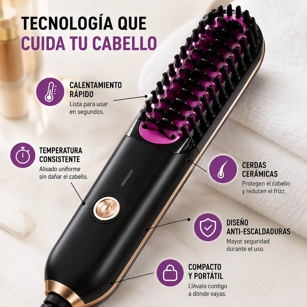 💜✨ Mini Cepillo Alisador Eléctrico | Cabello Liso en Minutos 💇‍♀️🔥